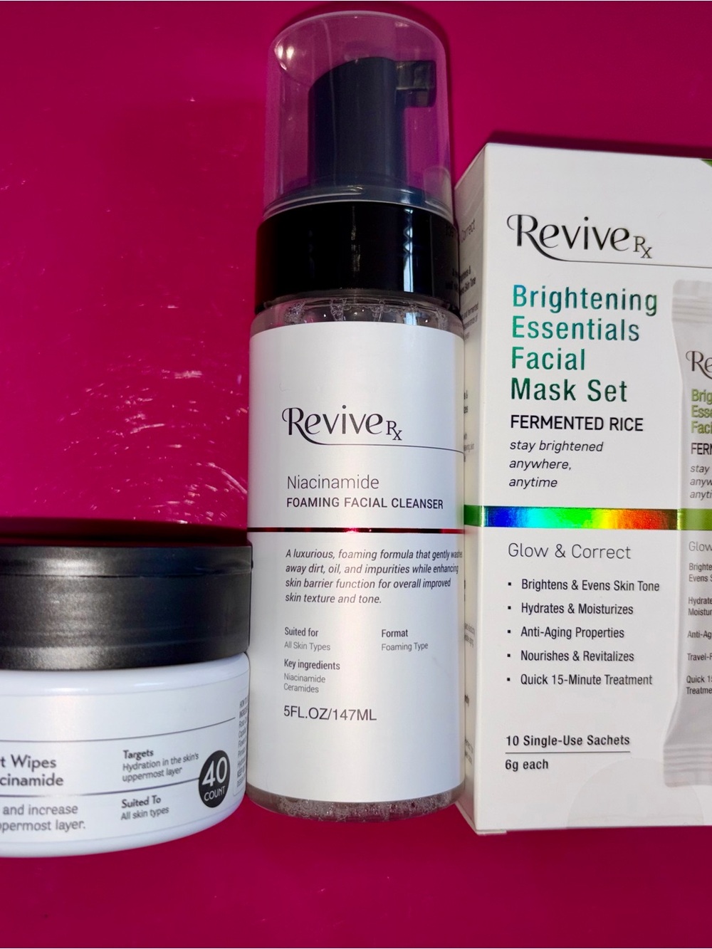 3Pc Revive Rx Bundle: Niacinamide Cleanser & Wipes & 10PK Fermented Rice mask
